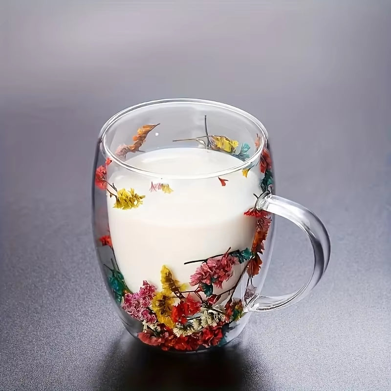 Double Wall Clear Glass Coffee Mugs Creative Clear Glass Cups with Handle Flowers Double Insulated Glass Cup for Hot Cold