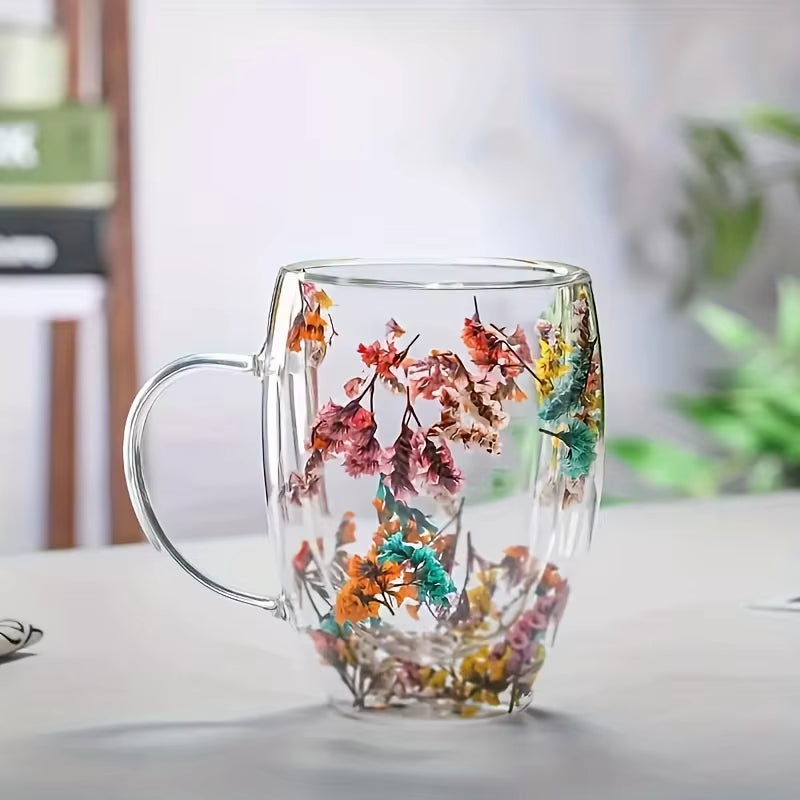 Double Wall Clear Glass Coffee Mugs Creative Clear Glass Cups with Handle Flowers Double Insulated Glass Cup for Hot Cold