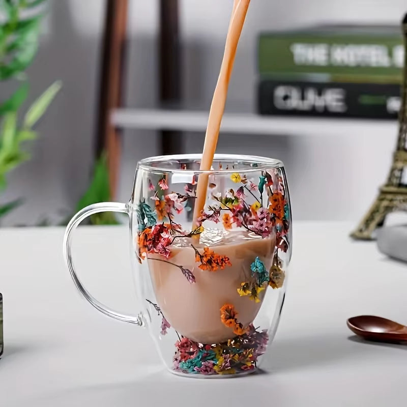 Double Wall Clear Glass Coffee Mugs Creative Clear Glass Cups with Handle Flowers Double Insulated Glass Cup for Hot Cold