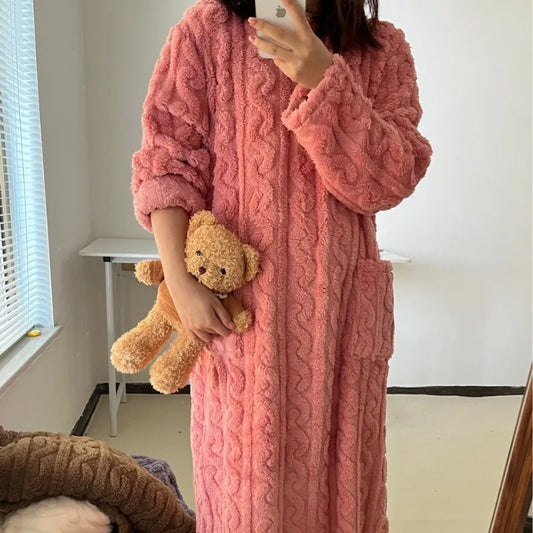 Ladies Cozy Pyjamas Flannel Winter Striped Coral Velvet Long-Sleeved Nightwear Bathrobe One Piece Pajamas