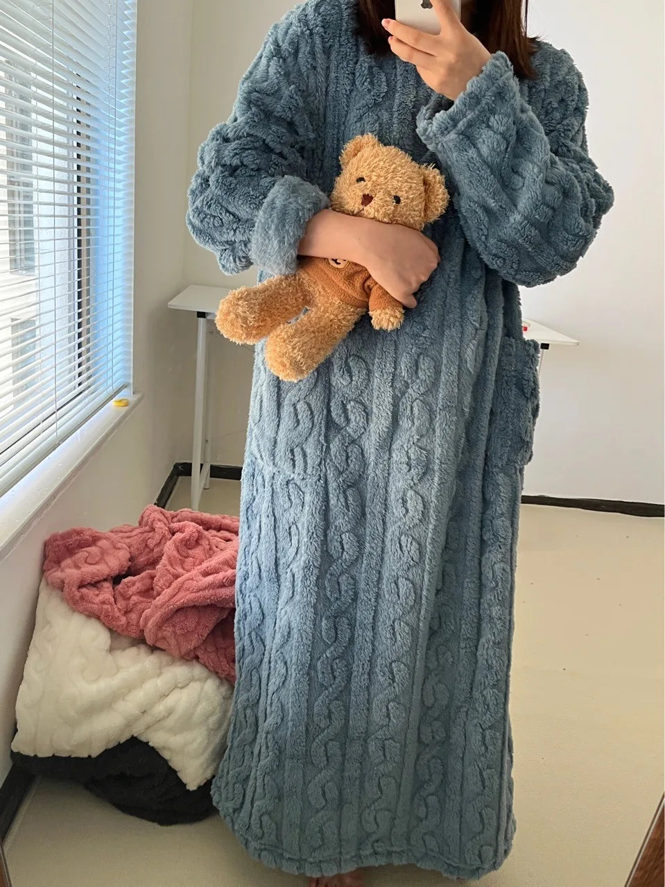 Ladies Cozy Pyjamas Flannel Winter Striped Coral Velvet Long-Sleeved Nightwear Bathrobe One Piece Pajamas