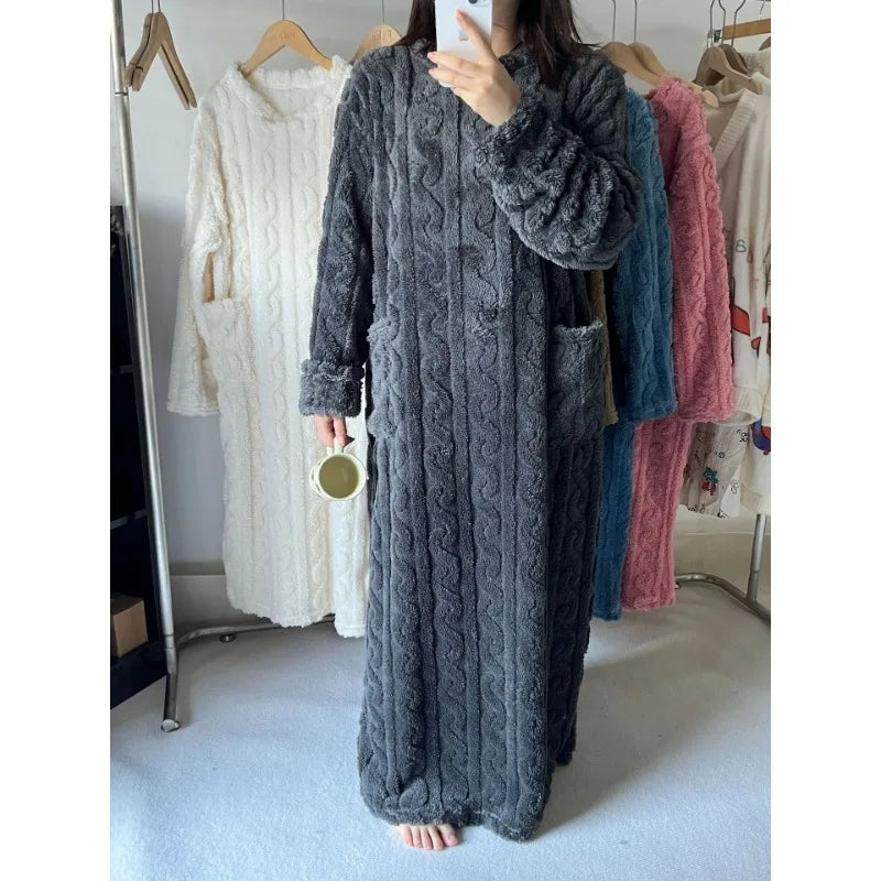 Ladies Cozy Pyjamas Flannel Winter Striped Coral Velvet Long-Sleeved Nightwear Bathrobe One Piece Pajamas