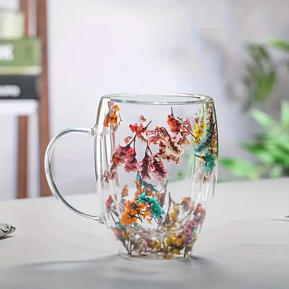 Double Wall Clear Glass Coffee Mugs Creative Clear Glass Cups with Handle Flowers Double Insulated Glass Cup for Hot Cold
