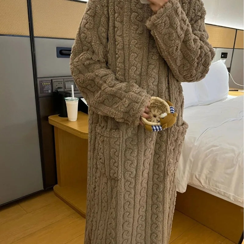 Ladies Cozy Pyjamas Flannel Winter Striped Coral Velvet Long-Sleeved Nightwear Bathrobe One Piece Pajamas