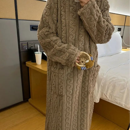 Ladies Cozy Pyjamas Flannel Winter Striped Coral Velvet Long-Sleeved Nightwear Bathrobe One Piece Pajamas