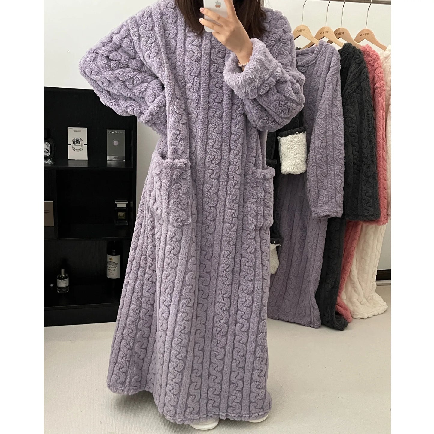 Ladies Cozy Pyjamas Flannel Winter Striped Coral Velvet Long-Sleeved Nightwear Bathrobe One Piece Pajamas