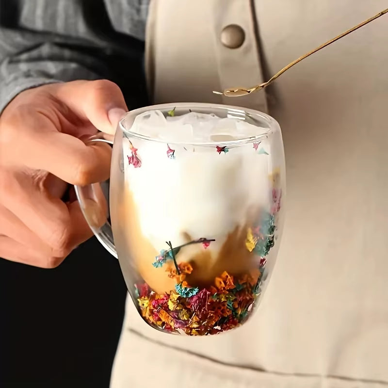 Double Wall Clear Glass Coffee Mugs Creative Clear Glass Cups with Handle Flowers Double Insulated Glass Cup for Hot Cold